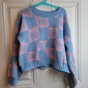 Cozy Blue and Pink Oversized Butterfly Sweater